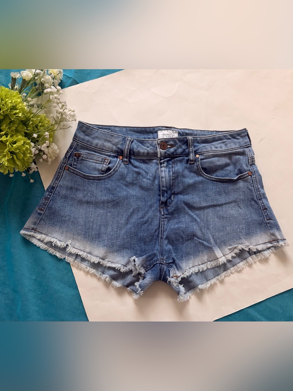 Celebrity Pink Blue Denim frayed hem Shorts